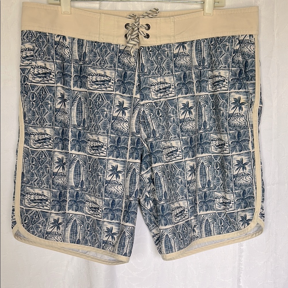 FAVANT blue/cream Paddle Block Men’s lasso waist board shorts with pocket Sz 38